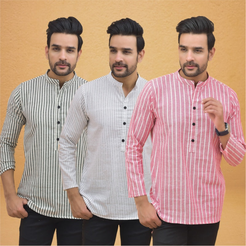 Combo of 3 Men Kurtas Stripe Cotton Handloom Pink White and Gray-25195