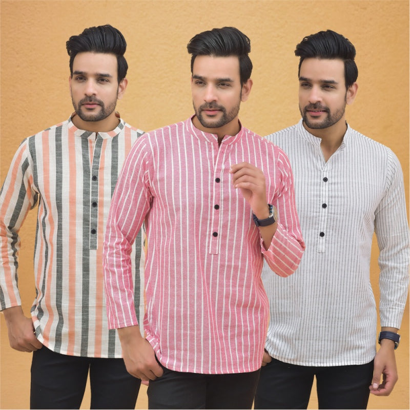 Combo of 3 Men Kurtas Stripe Cotton Handloom Pink White and Peach-25146