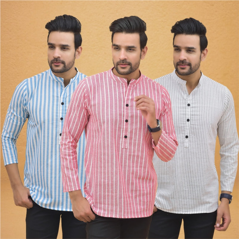 Combo of 3 Men Kurtas Stripe Cotton Handloom Pink White and Sky Blue-25110