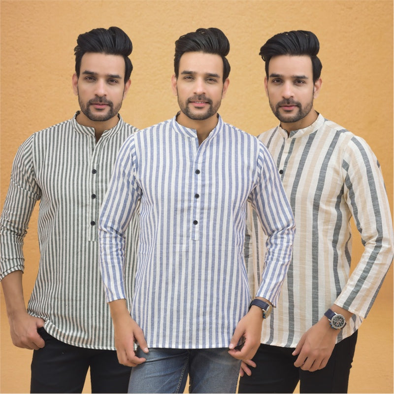 Combo of 3 Men Kurtas Stripe Cotton Handloom Sky Blue Beige and Gray-25203