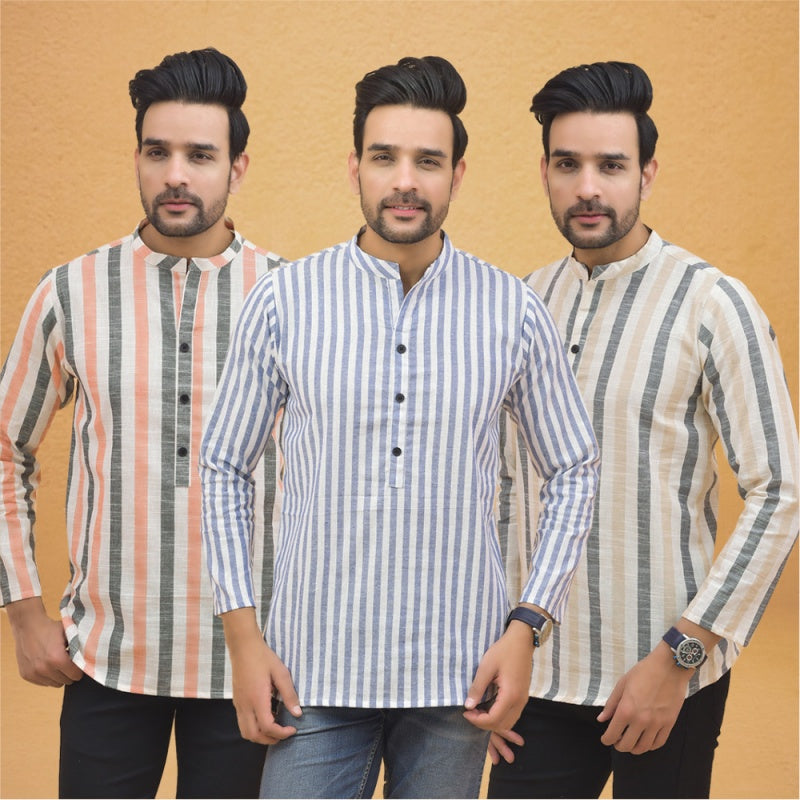 Combo of 3 Men Kurtas Stripe Cotton Handloom Sky Blue Beige and Peach-25154