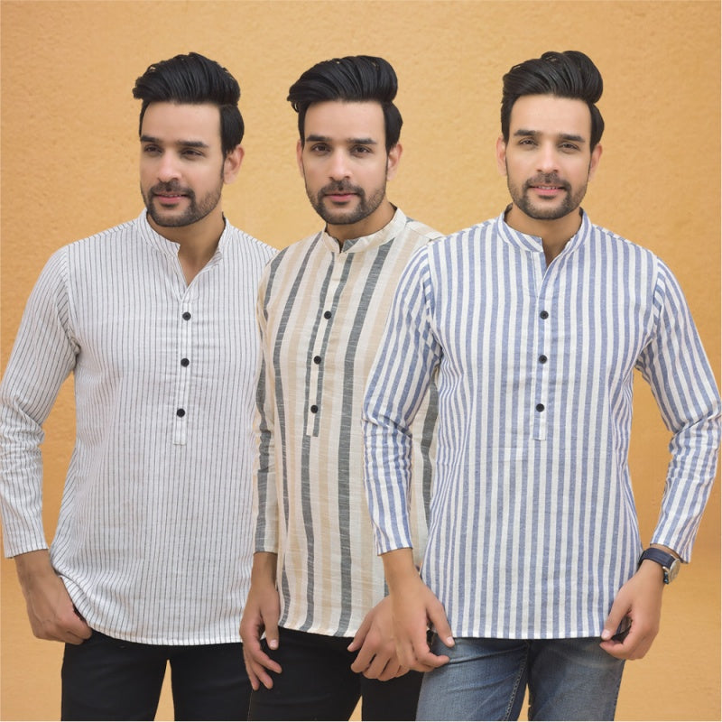 Combo of 3 Men Kurtas Stripe Cotton Handloom Sky Blue Beige and White-25218
