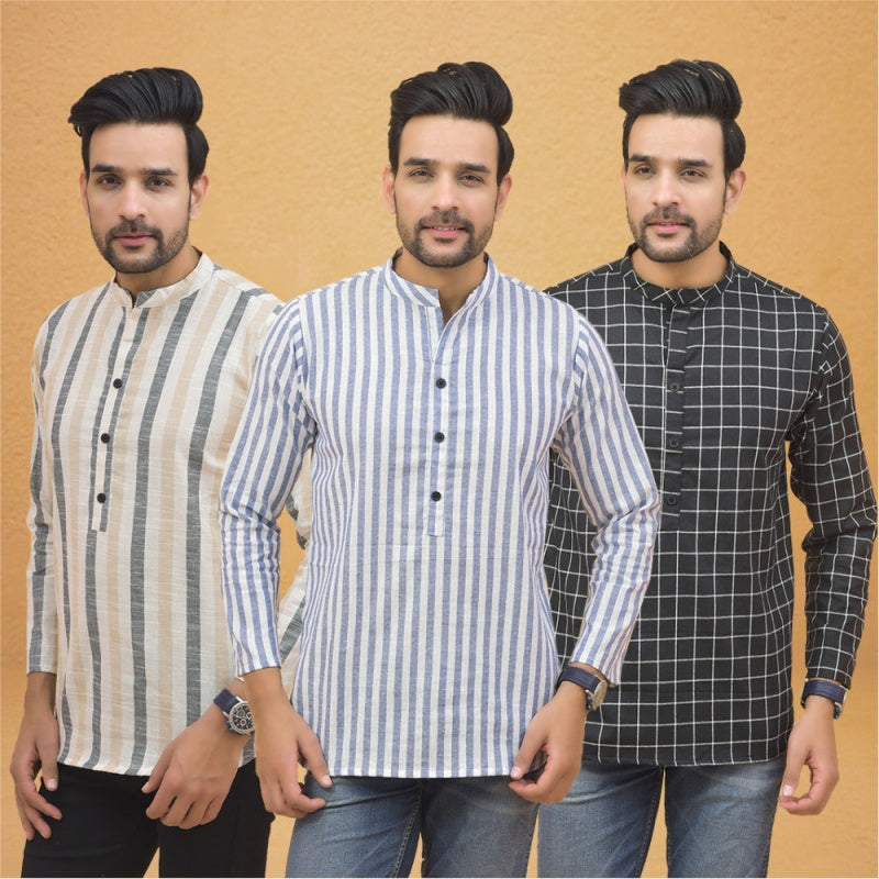 Combo of 3 Men Kurtas Stripe Cotton Handloom Sky Blue Black and Beige25238