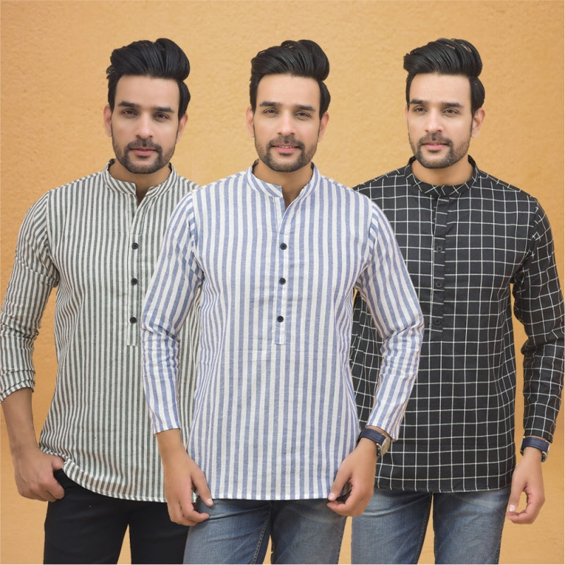 Combo of 3 Men Kurtas Stripe Cotton Handloom Sky Blue Black and Gray-25213