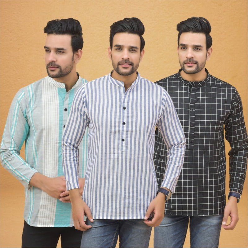 Combo of 3 Men Kurtas Stripe Cotton Handloom Sky Blue Black and Green-25244