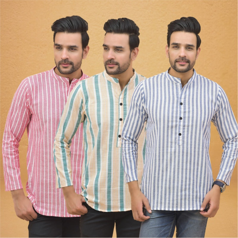 Combo of 3 Men Kurtas Stripe Cotton Handloom Sky Blue Black and Green-25248