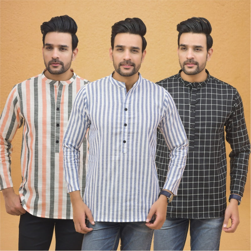 Combo of 3 Men Kurtas Stripe Cotton Handloom Sky Blue Black and Peach-25164