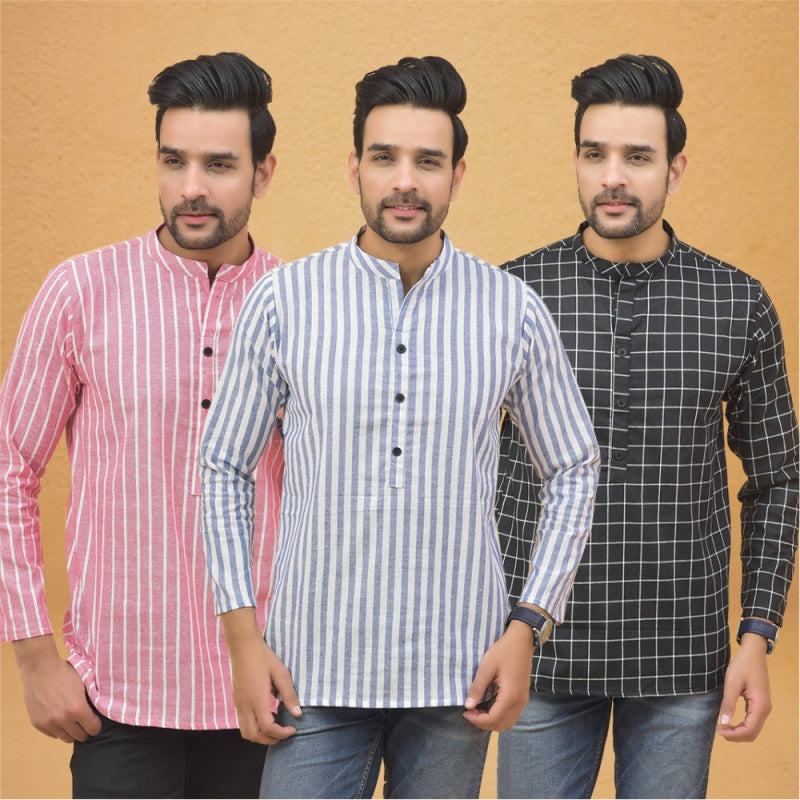Combo of 3 Men Kurtas Stripe Cotton Handloom Sky Blue Black and Pink-25247