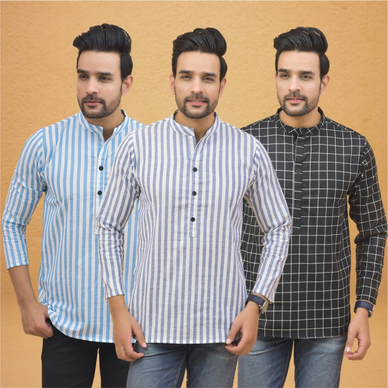 Combo of 3 Men Kurtas Stripe Cotton Handloom Sky Blue Black and Sky Blue-25128
