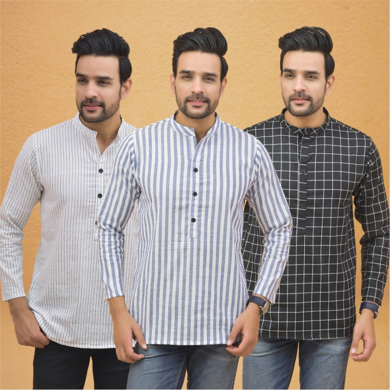 Combo of 3 Men Kurtas Stripe Cotton Handloom Sky Blue Black and White-25228