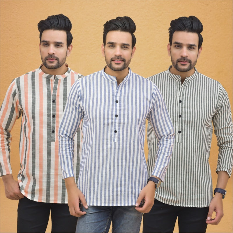 Combo of 3 Men Kurtas Stripe Cotton Handloom Sky Blue Gray and Peach-25143