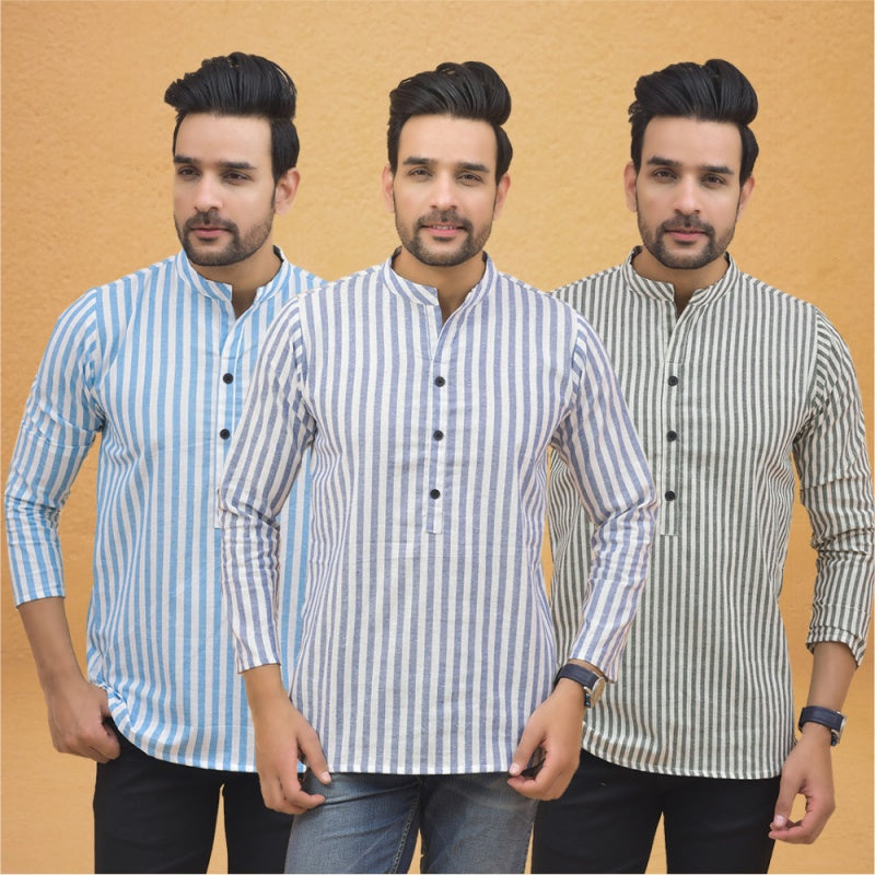 Combo of 3 Men Kurtas Stripe Cotton Handloom Sky Blue Gray and Sky Blue-25107