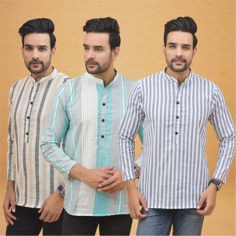 Combo of 3 Men Kurtas Stripe Cotton Handloom Sky Blue Green and Beige-25232