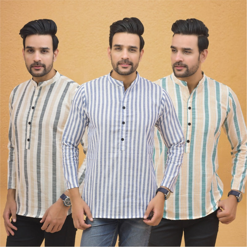 Combo of 3 Men Kurtas Stripe Cotton Handloom Sky Blue Green and Beige-25237