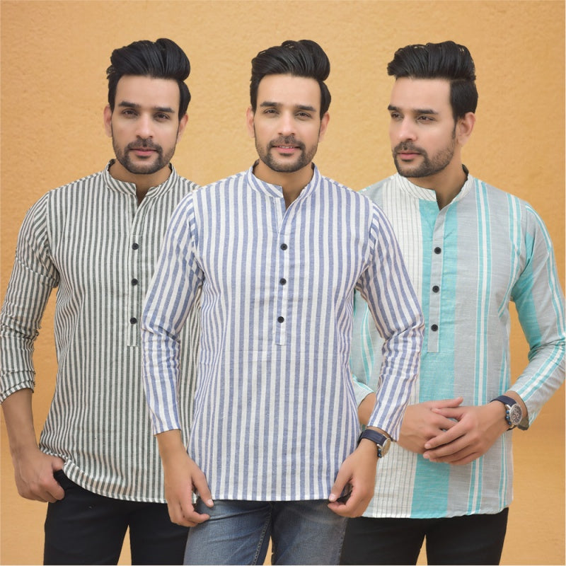 Combo of 3 Men Kurtas Stripe Cotton Handloom Sky Blue Green and Gray-25207