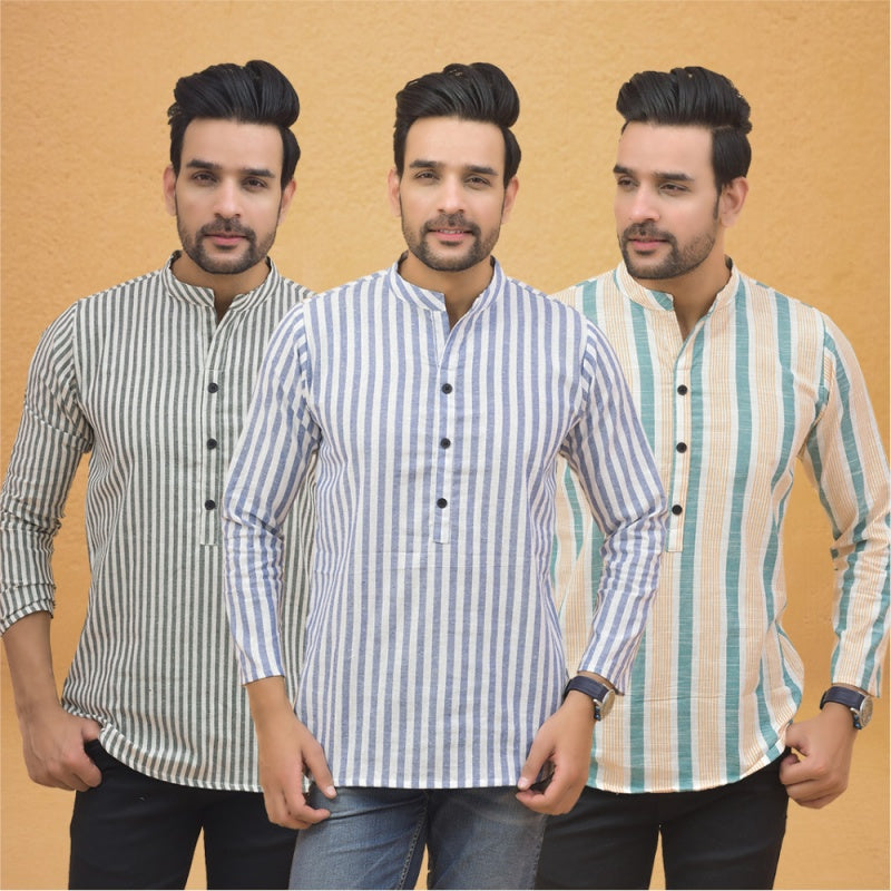 Combo of 3 Men Kurtas Stripe Cotton Handloom Sky Blue Green and Gray-25212
