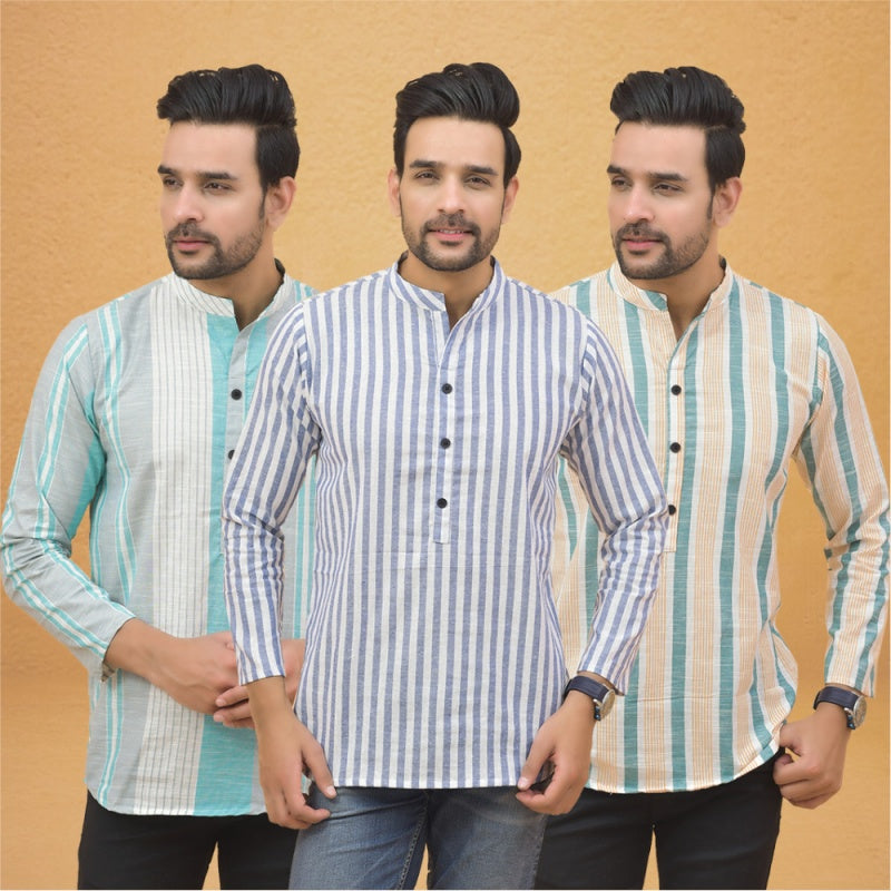 Combo of 3 Men Kurtas Stripe Cotton Handloom Sky Blue Green and Green-25243