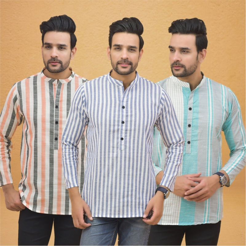 Combo of 3 Men Kurtas Stripe Cotton Handloom Sky Blue Green and Peach-25158
