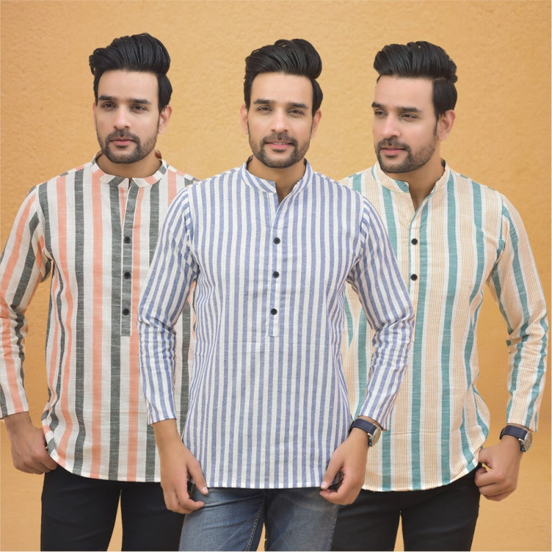 Combo of 3 Men Kurtas Stripe Cotton Handloom Sky Blue Green and Peach-25163