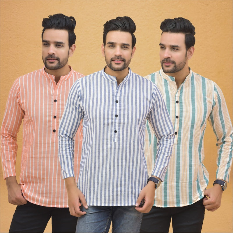 Combo of 3 Men Kurtas Stripe Cotton Handloom Sky Blue Green and Peach-25191
