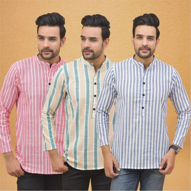 Combo of 3 Men Kurtas Stripe Cotton Handloom Sky Blue Green and Pink-25246