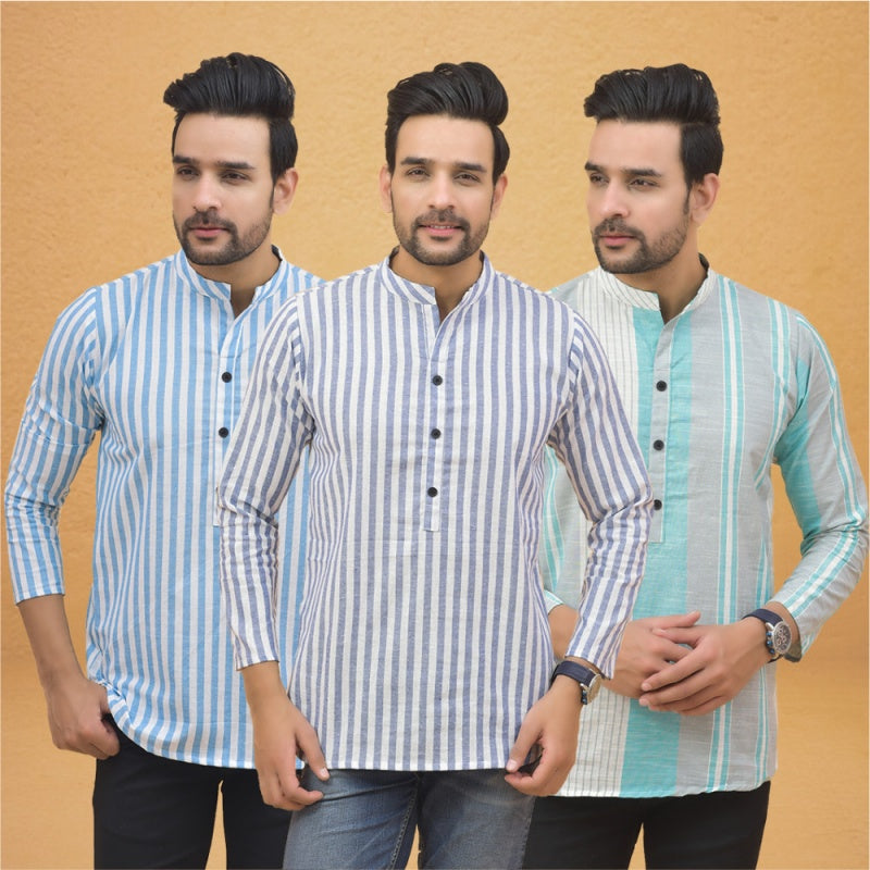 Combo of 3 Men Kurtas Stripe Cotton Handloom Sky Blue Green and Sky Blue-25122