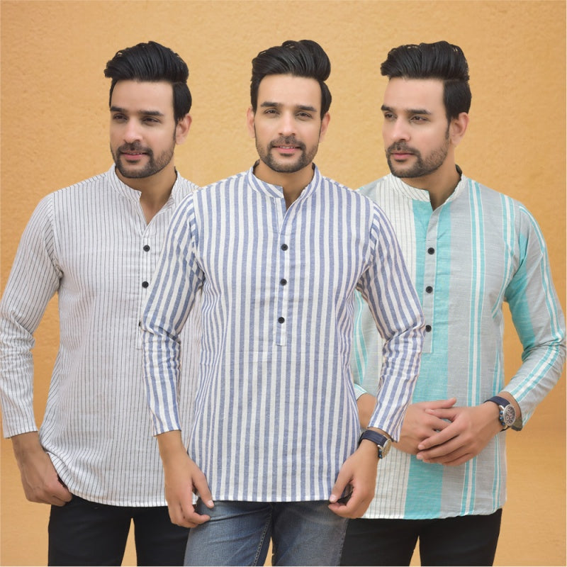 Combo of 3 Men Kurtas Stripe Cotton Handloom Sky Blue Green and White-25222