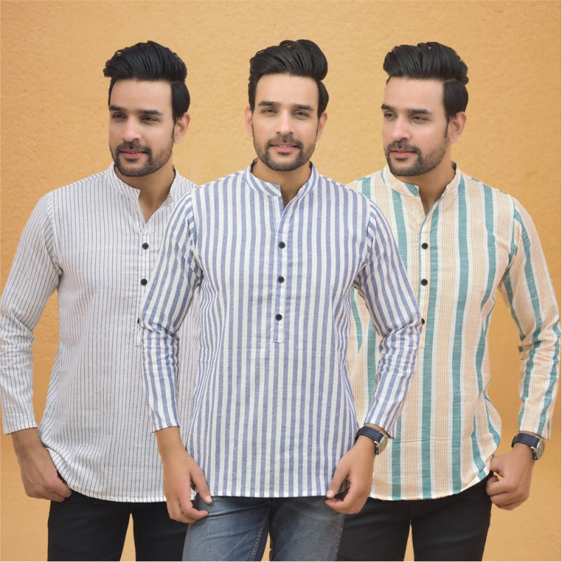 Combo of 3 Men Kurtas Stripe Cotton Handloom Sky Blue Green and White-25227