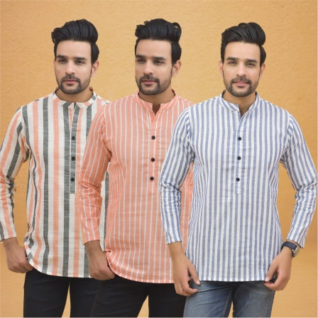 Combo of 3 Men Kurtas Stripe Cotton Handloom Sky Blue Peach and Peach-25136