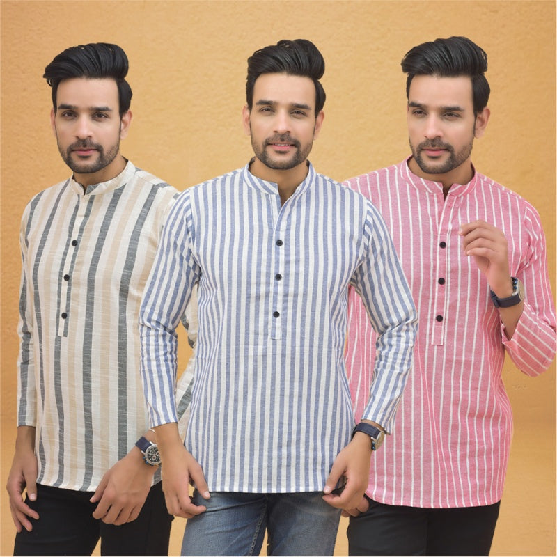 Combo of 3 Men Kurtas Stripe Cotton Handloom Sky Blue Pink and Beige-25235