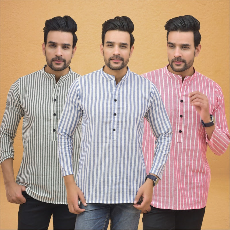 Combo of 3 Men Kurtas Stripe Cotton Handloom Sky Blue Pink and Gray-25210