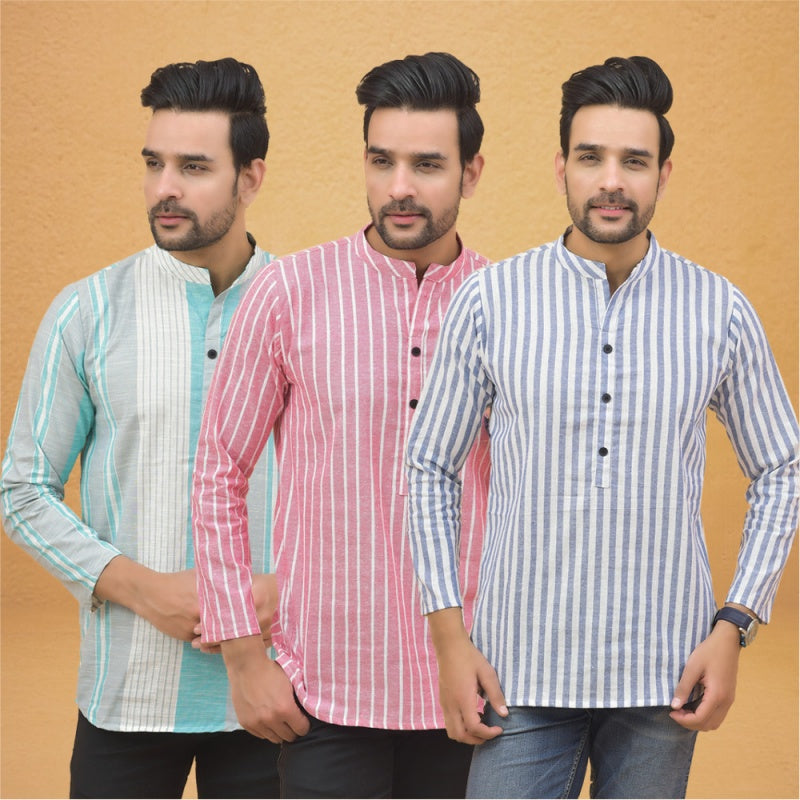 Combo of 3 Men Kurtas Stripe Cotton Handloom Sky Blue Pink and Green-25241