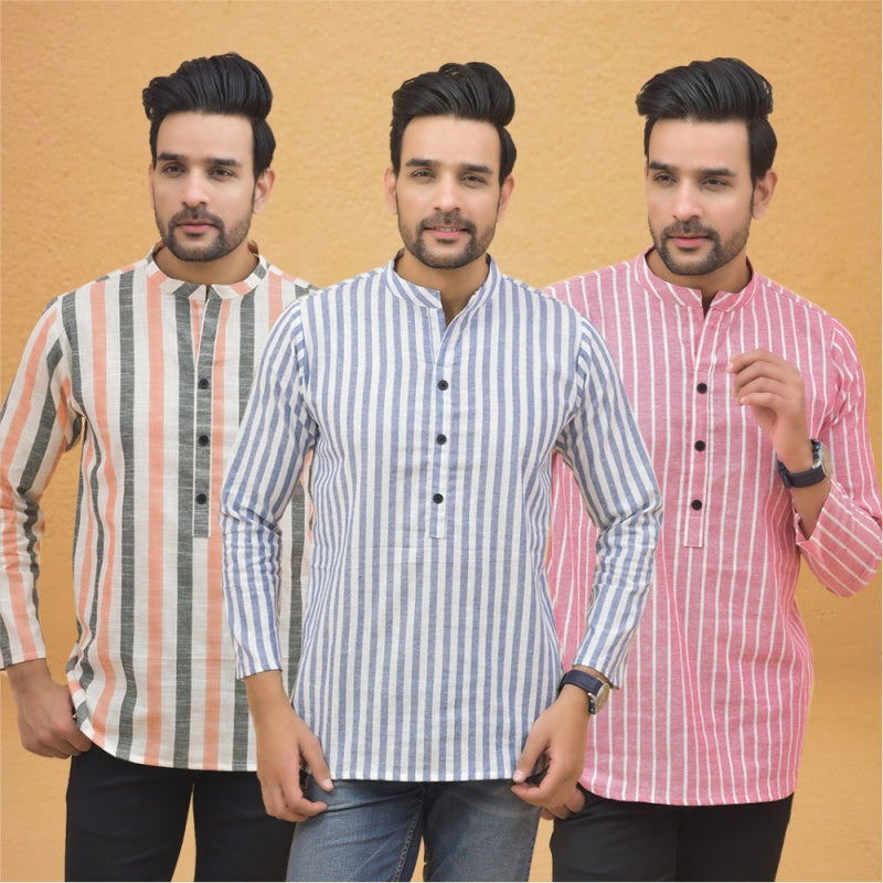 Combo of 3 Men Kurtas Stripe Cotton Handloom Sky Blue Pink and Peach-25161