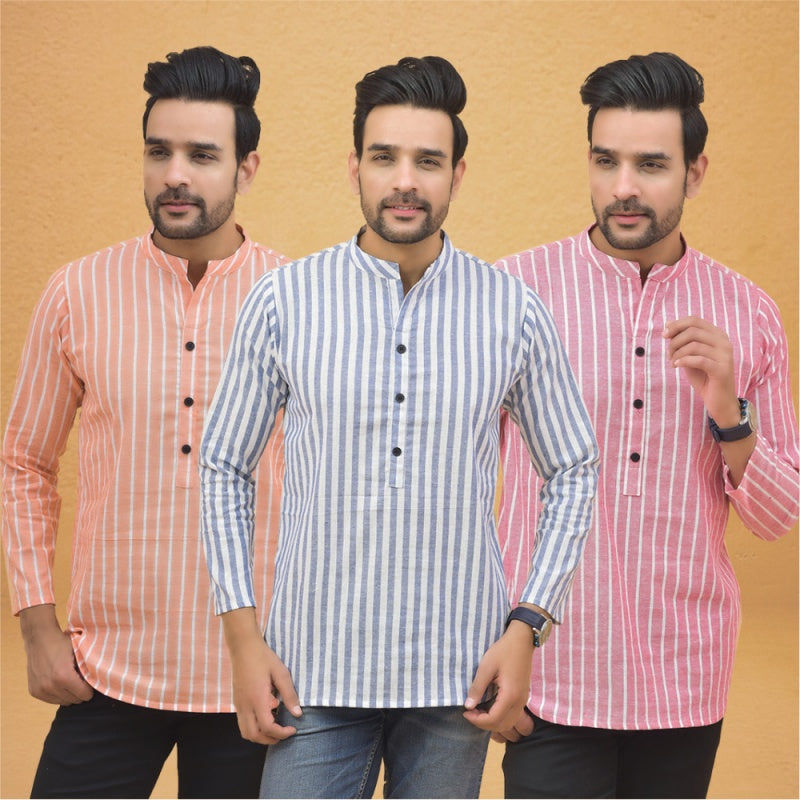Combo of 3 Men Kurtas Stripe Cotton Handloom Sky Blue Pink and Peach-25189
