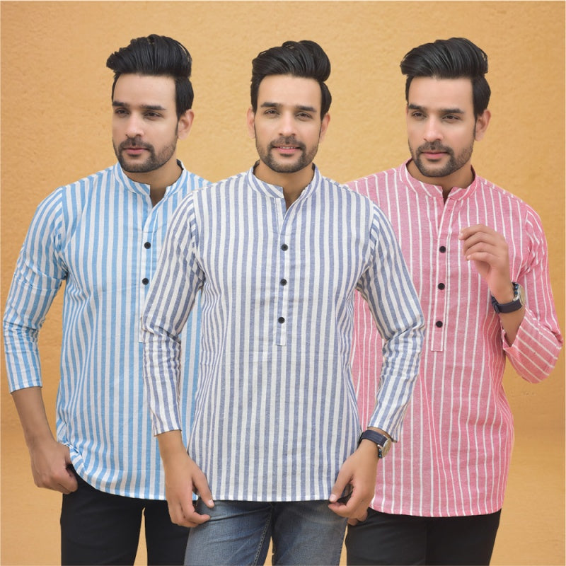 Combo of 3 Men Kurtas Stripe Cotton Handloom Sky Blue Pink and Sky Blue-25125
