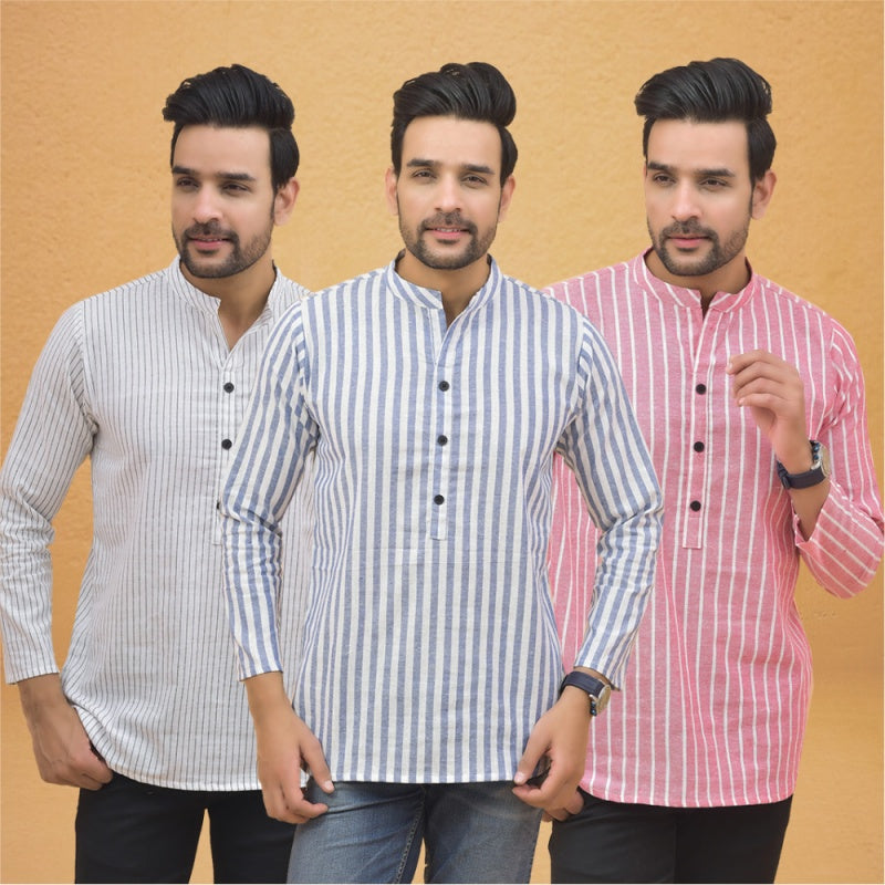Combo of 3 Men Kurtas Stripe Cotton Handloom Sky Blue Pink and White-25225
