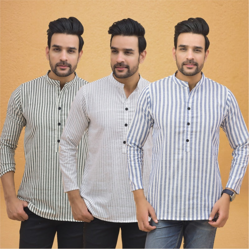 Combo of 3 Men Kurtas Stripe Cotton Handloom Sky Blue White and Gray-25198