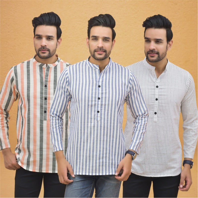 Combo of 3 Men Kurtas Stripe Cotton Handloom Sky Blue White and Peach-25149