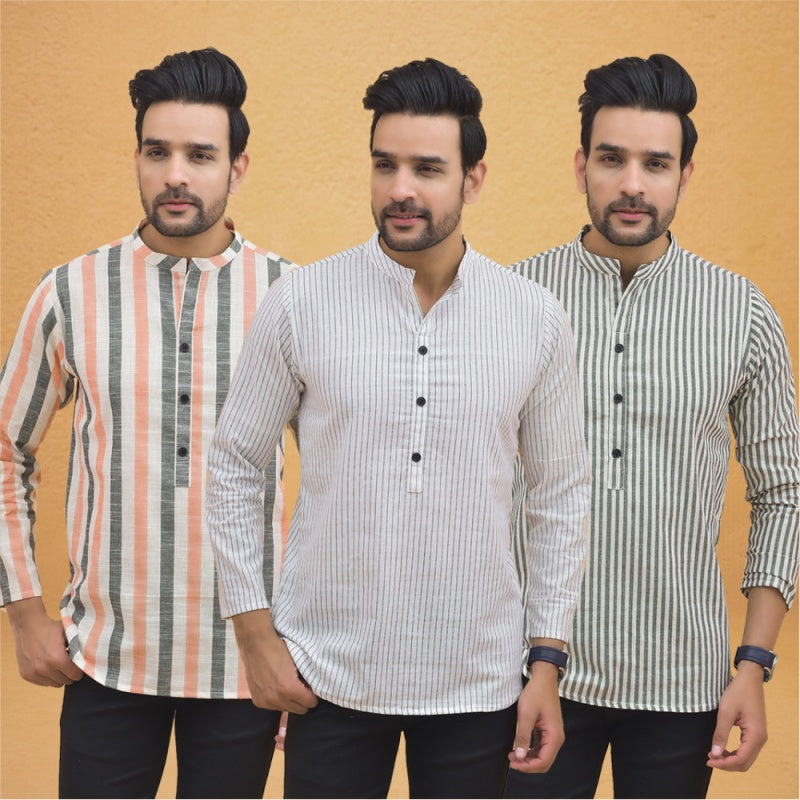 Combo of 3 Men Kurtas Stripe Cotton Handloom White Gray and Peach-25137