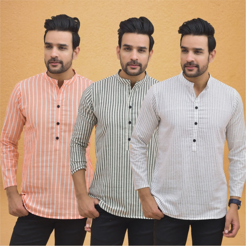 Combo of 3 Men Kurtas Stripe Cotton Handloom White Gray and Peach-25165