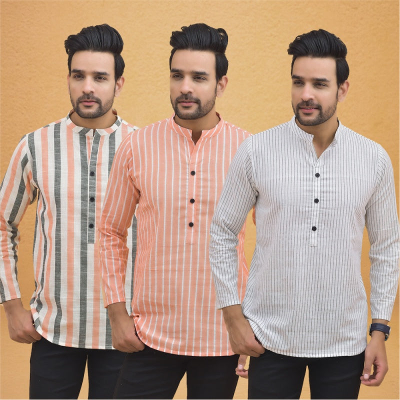 Combo of 3 Men Kurtas Stripe Cotton Handloom White Peach and Peach-25130
