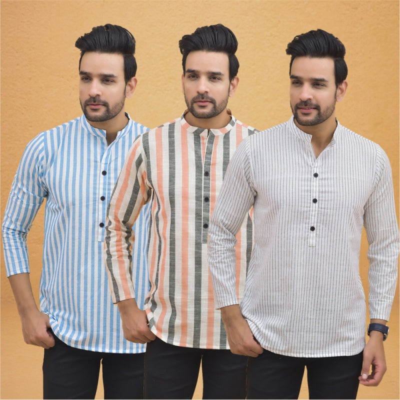 Combo of 3 Men Kurtas Stripe Cotton Handloom White Peach and Sky Blue-25086