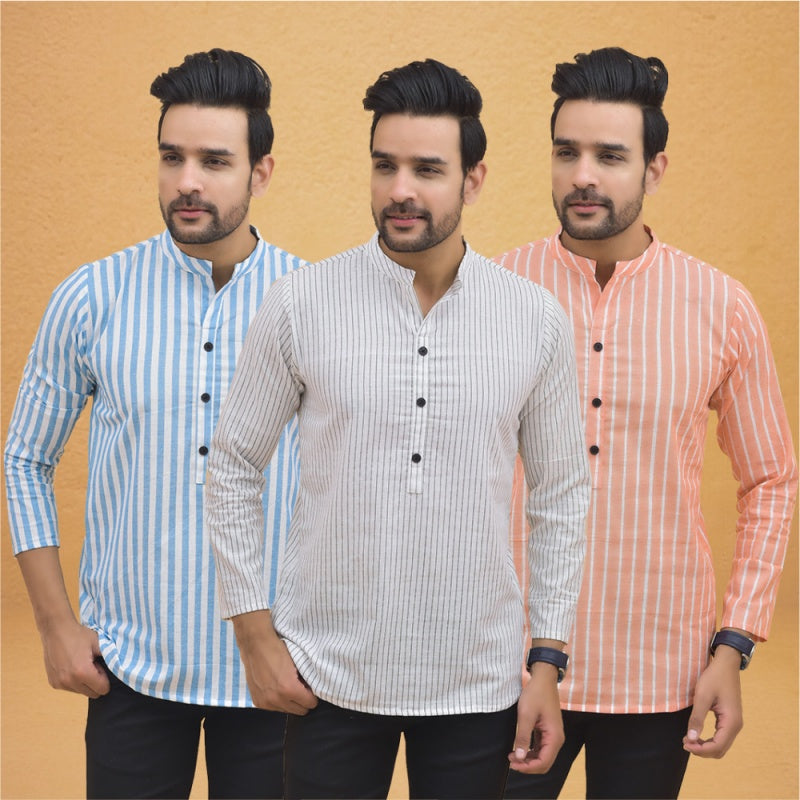 Combo of 3 Men Kurtas Stripe Cotton Handloom White Peach and Sky Blue-25094