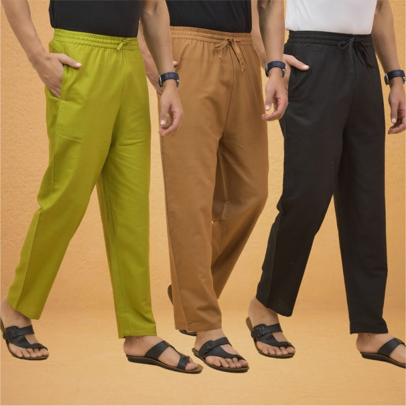 Combo of 3 Men Solid Cotton Flex Pant Black Brown and Olive Green-15540