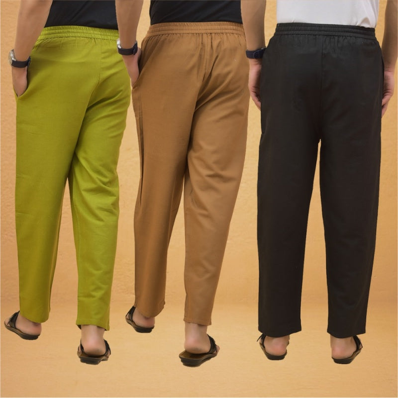 Combo of 3 Men Solid Cotton Flex Pant Black Brown and Olive Green-15540