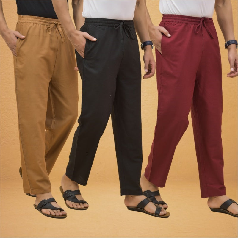 Combo of 3 Men Solid Cotton Flex Pant Black Maroon and Brown-15576