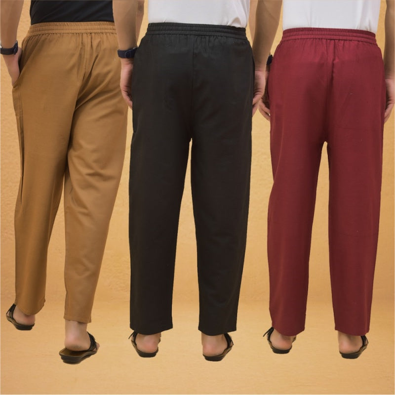 Combo of 3 Men Solid Cotton Flex Pant Black Maroon and Brown-15576