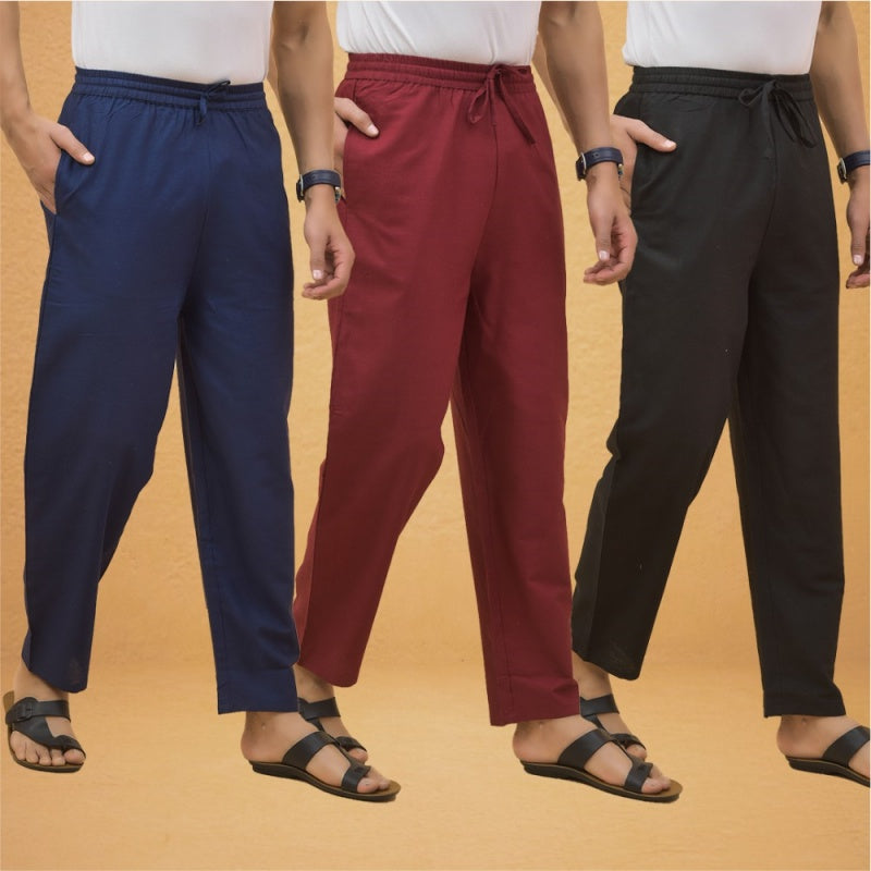 Combo of 3 Men Solid Cotton Flex Pant Black Maroon and Navy Blue-15601