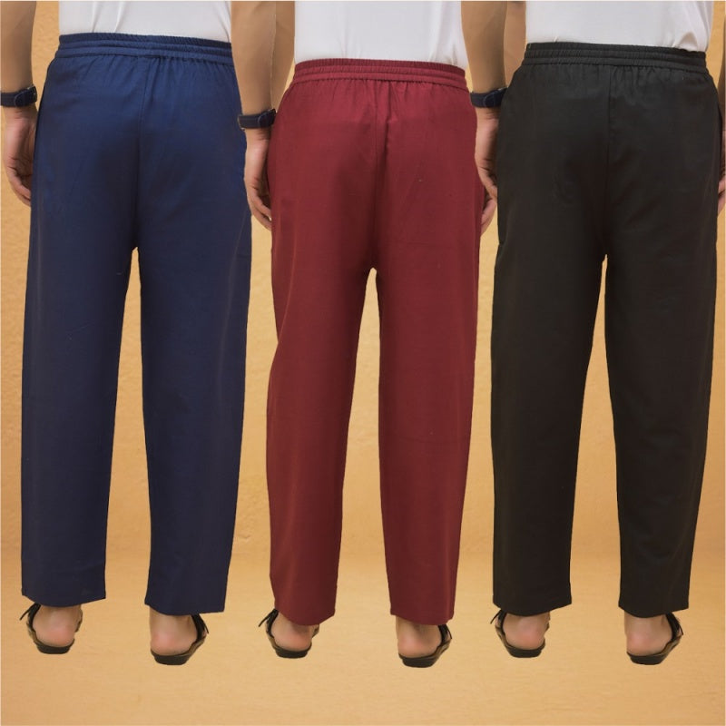 Combo of 3 Men Solid Cotton Flex Pant Black Maroon and Navy Blue-15601