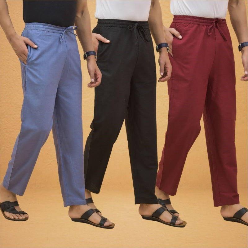 Combo of 3 Men Solid Cotton Flex Pant Black Maroon and Sky Blue-15591